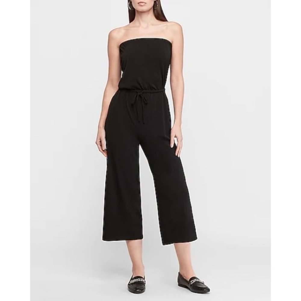 Express Black Strapless Tie Waist Belted Cropped Jumpsuit
